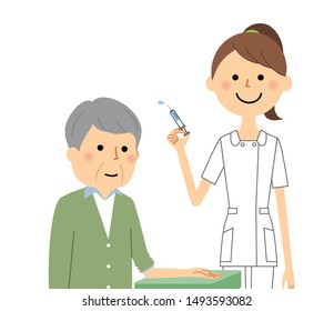 An illustration of the nurse and the senior citizen who do an injection.