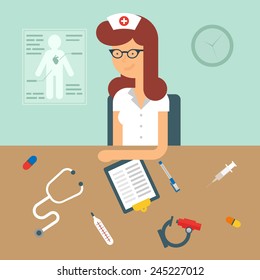 Illustration of a nurse sitting at the table, flat style