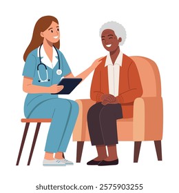 An illustration of a nurse with a stethoscope, holding a tablet, sitting and smiling as she provides comfort and care to an elderly woman