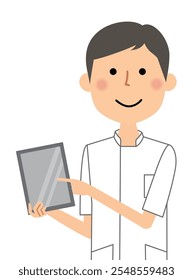 Es una ilustración de una enfermera con una tableta.