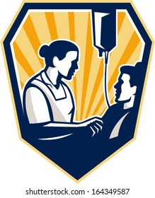 Illustration of a nurse tending a sick patient in bed with iv intravenous drip in background set inside shield crest done in retro style.
