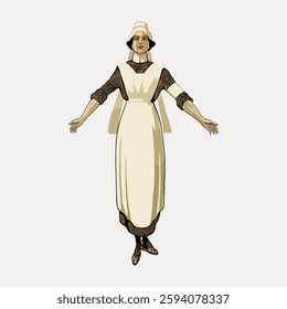 Illustration of a nurse in a vintage uniform with a white apron and cap. The nurse stands with arms outstretched, showcasing the classic nurse attire. Vintage illustration isolated on white, vector.