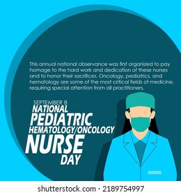 Illustration Of A Nurse Wearing A Mask With Bold Text And Sentences On A Turquoise Background To Commemorate National Pediatric Hematology Oncology Nurses Day On September 8