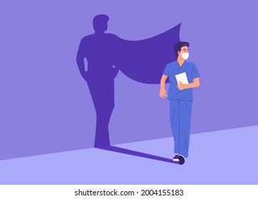 Illustration of nurse wearing mask with shadow make visual of heroes with fluttering cloak. Pandemic heroes illustration vector concept.Doctor as hero in pandemic virus. Heroes with mask illustration
