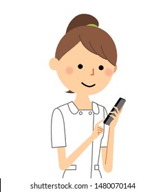 It is an illustration of a nurse who operates a smart phone.