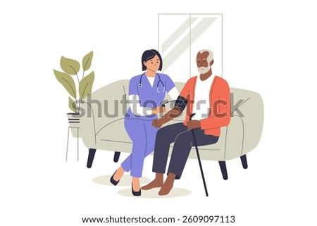 Illustration of nurses take care of the elderly in a nursing home. Illustrations for websites, landing pages, mobile apps, posters and banners