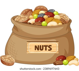 Ilustración de nueces en un saco con una pancarta de madera colocada delante