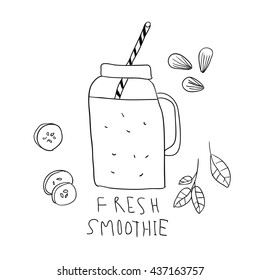 Illustration of nuts, vegetables, greens and healthy smoothie in the jar. Hand drawn almond, cucumber, spinach, jar, cocktail tube and doodle lettering.