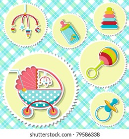 illustration o baby related item on checked background