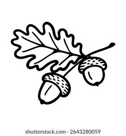 An illustration of an oak leaf with two acorns attached. The design is simple and monochromatic, emphasizing the natural elements of the oak tree.