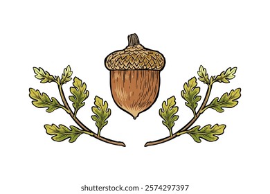 illustration of oak seeds and leaf twigs