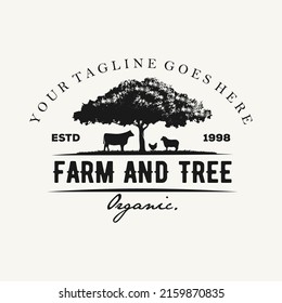 illustration of oak tree with animal farm vintage style  logo premium vector
