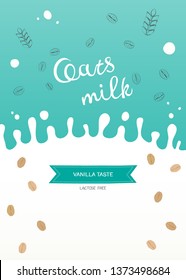 Illustration of oatmeal, wheat ears and splash of milk with place for text. Template for web and advertising banner, article, promotion, design packaging of vegetable milk, porridge, protein bar etc.