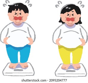 Illustration of obese men and women riding on a scale