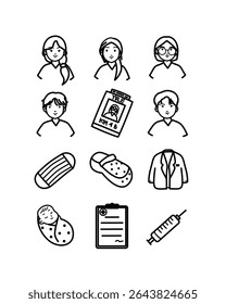 Illustration of obgyn medical health in vector doodle line art style. High resolution and editable icon set perfect for sticker, journal,  symbol, logo, design element or poster in hospital or clinic.