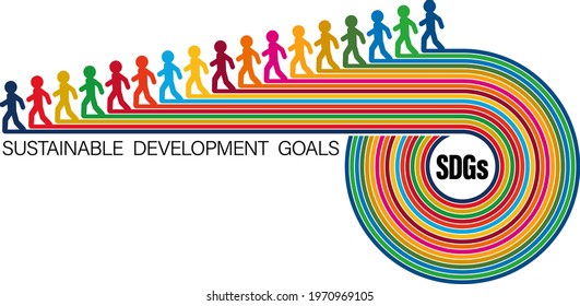 Illustration of an object and a walking person made of lines of 17 symbol colors. Place the letters "SDGs" in the center of the circle. Imaginary illustration of SDGs. Created with vector data.