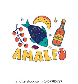 Illustration of objects related to Amalfi coast. For t-shirt design, cards, textules and print.