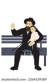 An illustration of an observant Jewish father and son. religious. Sitting on a bench and talking. The adult explains things to the child.
The characters are dressed in traditional clothes. Black hat