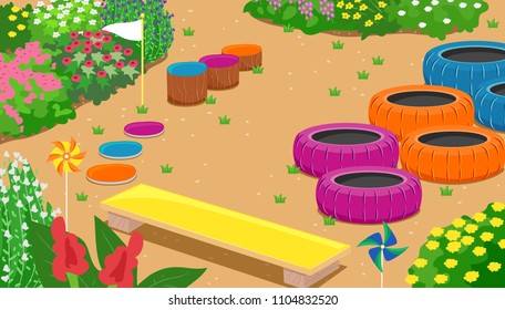 Illustration of an Obstacle Course in the Garden with Used Tires, Trunks, Plank, Flag and Pinwheels Among the Floral Shrubs