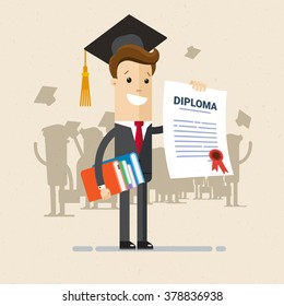 Ilustración de la obtención de un título universitario, universitario o de una escuela de negocios. Un hombre con traje tiene un certificado de grado. Ilustración, vector EPS 10