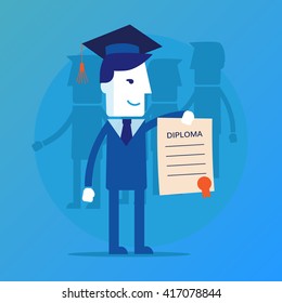 Illustration of obtaining degree, diploma of university, college or business school. A man in a suit hold a degree certificate. Vector illustration eps 10