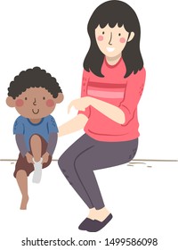 Illustration Of An Occupational Therapist Girl Teaching A Kid Boy With Developmental Coordination Disorder To Wear Socks