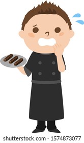 Illustration of occupation.Male chocolatier.He is very upset.