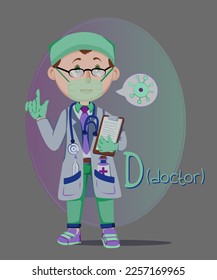 Illustration of occupations in alphabetical order for children's books or professions day. 
Letter "D" - doctor, in a medical mask and uniform.