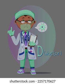 Illustration of occupations in alphabetical order for children's books or professions day. Letter "D" - doctor, in a medical mask and uniform. Dark skin