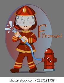 Ilustración de ocupaciones en orden alfabético para el día de libros o profesiones infantiles.Letra "F" - bombero, con uniforme, con manguera e hidrante.