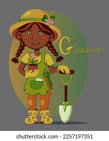 Illustration of occupations in alphabetical order for children's books or professions day.Letter "G" - gardener, with a shovel, flowers in clothes for working in the garden. Dark skin