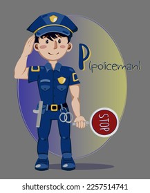 Illustration of occupations in alphabetical order for children's books or professions day.Letter "O" - policeman, in uniform, with badge and stop sign.