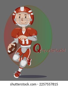 Illustration of occupations in alphabetical order for children's books or professions day.Letter "Q" - quarterback, player in an orange uniform, in a protective helmet, runs with the ball.