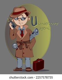 Illustration of occupations in alphabetical order for children's books or professions day.Letter "U" - undercover agent under disguise transmits classified information, with him the suitcase 007.