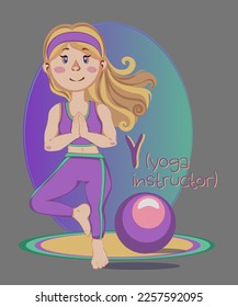 Illustration of occupations in alphabetical order for children's books or professions day.Letter "y" - yoga instructor stands on a yoga mat in a sports uniform in a balancing pose.