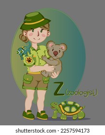 Illustration of occupations in alphabetical order for children's books or professions day.Letter "z" - zoologist holds a koala in his arms, a chameleon on his shoulder, and a turtle at his feet.