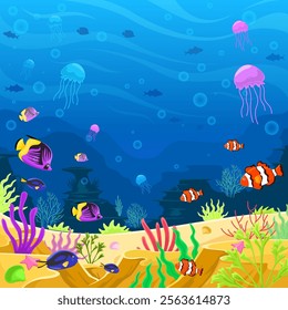 illustration of the ocean with the beauty of its ecosystem: fish, jellyfish, coral