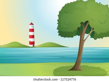 illustration of an ocean and a light house in a beautiful nature