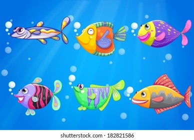 Illustration of an ocean with six colorful fishes