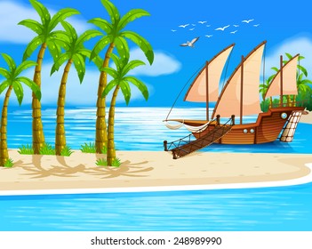 Illustration of an ocean view with a ship porting