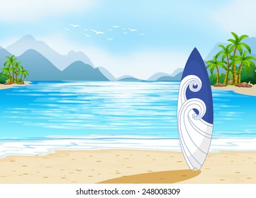 Illustration of an ocean view with a surfboard