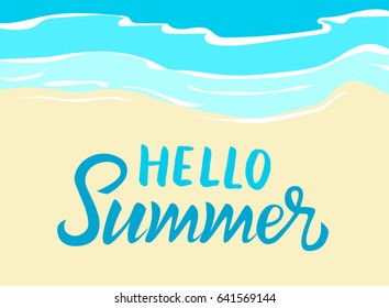 Illustration of ocean waves and sand beach. Hello Summer lettering