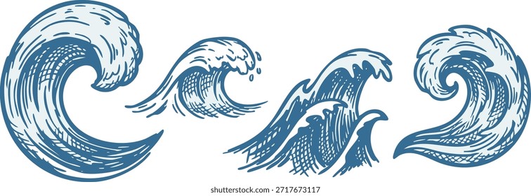 Ilustração de ondas oceânicas em várias formas e movimentos