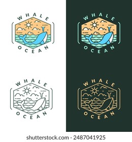 illustration of ocean and whale monoline or line art style vector