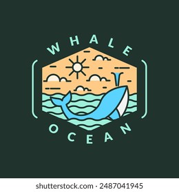 illustration of ocean and whale monoline or line art style vector