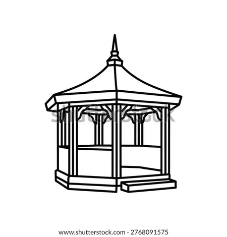 Illustration of an octagonal gazebo with a pointed roof and open sides, set in a minimalist line drawing style, evoking a serene and tranquil mood.
