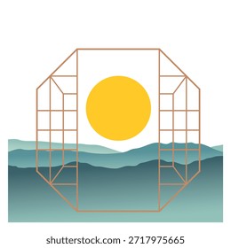 Illustration of an octagonal window on a remote mountain background with a full moon