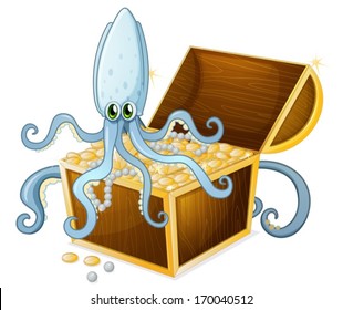 Illustration of an octopus above the treasure box on a white background