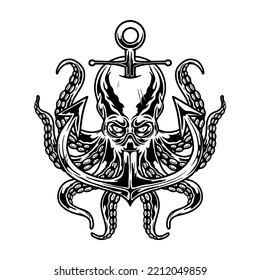 Illustration of octopus with anchor. Design element for poster, card, banner, emblem, sign. Vector illustration