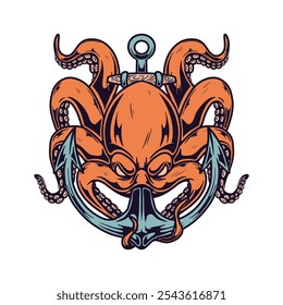 Illustration of octopus with anchor. Design element for poster, card, banner, emblem, sign. Vector illustration